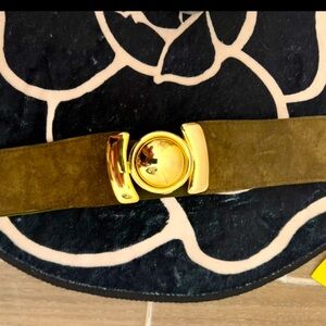 Suede elastic back Olive green Belt With Gold Circular Buckle Size M/L